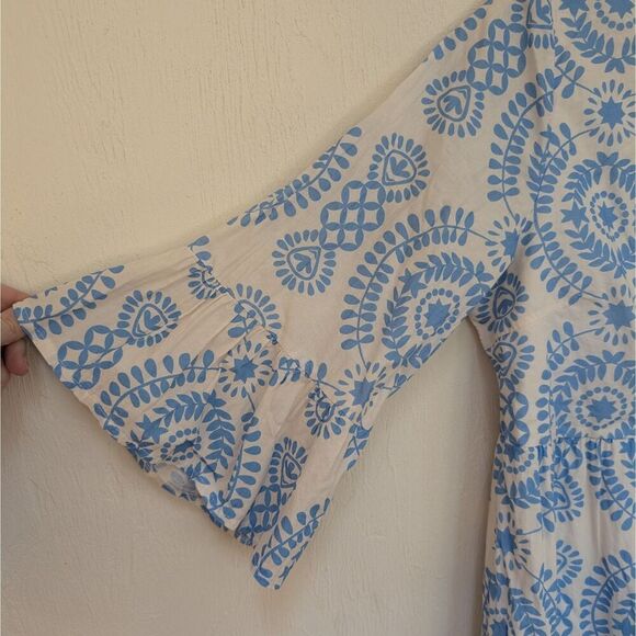 SAIPH Santorini Mini Dress Cotton Bell Sleeves Blue White Size L Italy - Picture 4 of 5